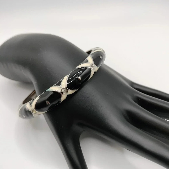 Black Cream Enamel Rhinestones Accents Hinge Closure Bangle Silver Tone Bracelet - Picture 3 of 5